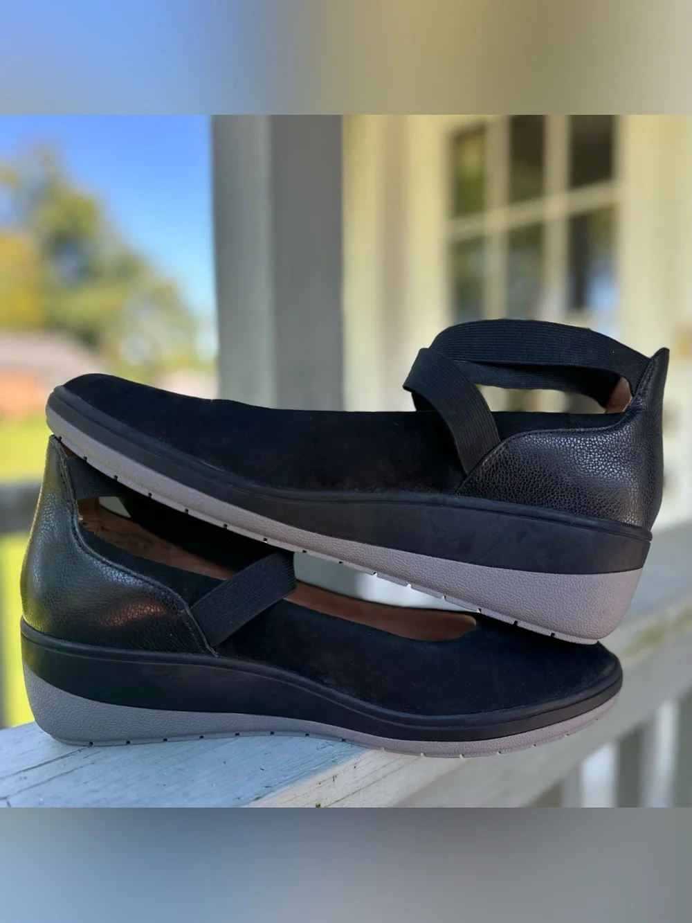 VIONIC 11 Ellery Ankle Strap Up Black Nubuck Leather Wedge